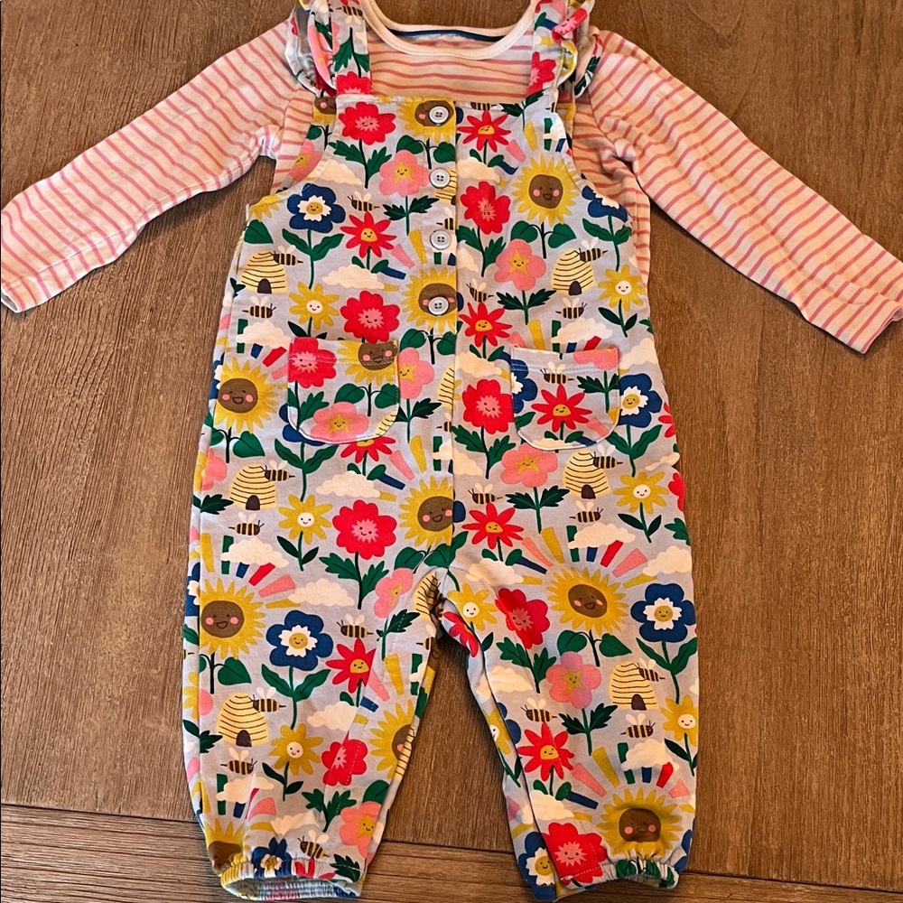 Mini Boden Multicolor Floral Overalls with Pink Striped Tee